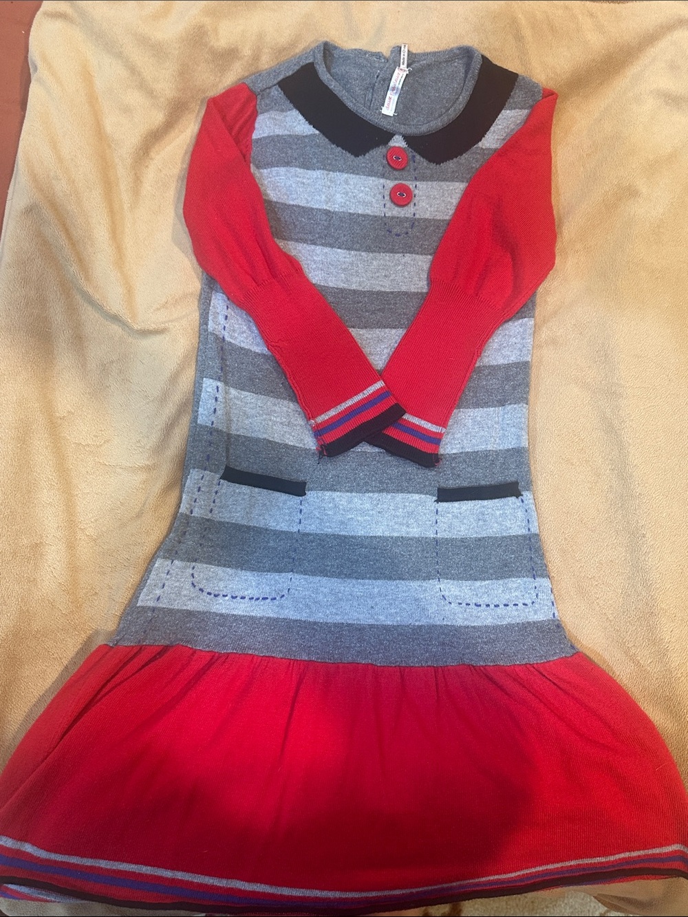 Girls Striped Gray & Red Knit Dress with Button Accents